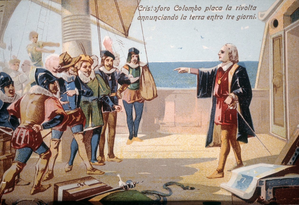Kolumbusz Kristóf megállította a legénységi lázadást azzal, hogy három napon belül bejelentette a földet. kromolitográfia XIX. alkotó: Unknown artist