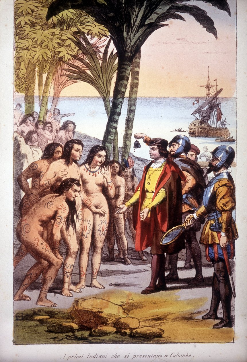 Kolumbusz Kristóf partraszállása San Salvadorban (Bahamák) 1492.12.10.: az első indiánok megjelentek Kolumbusz előtt. Metszet 1850. alkotó: Unknown artist