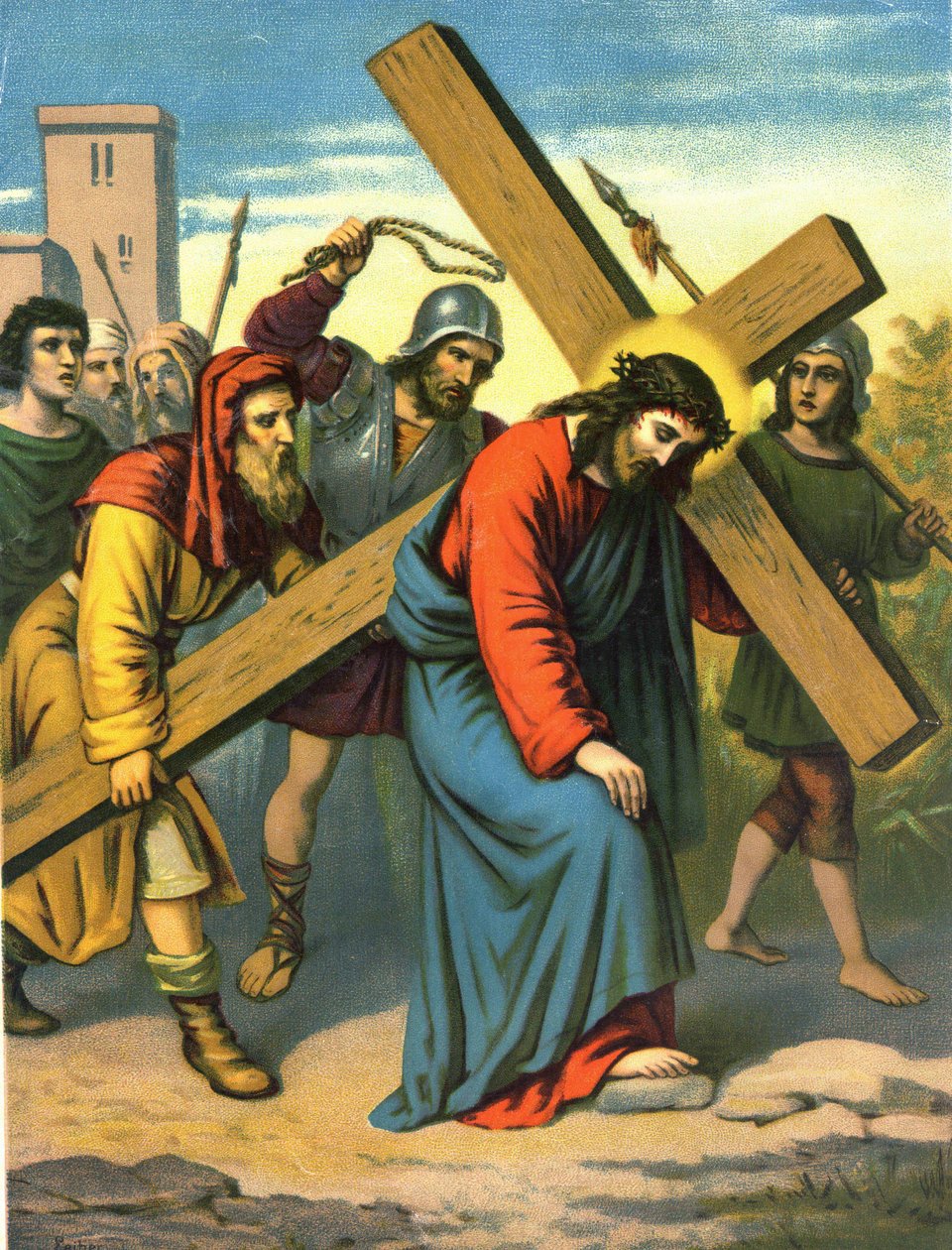 század végi kromolitográfiája, amely Krisztus életét ábrázolja: Jézus a keresztjét hordozva. alkotó: Unknown artist