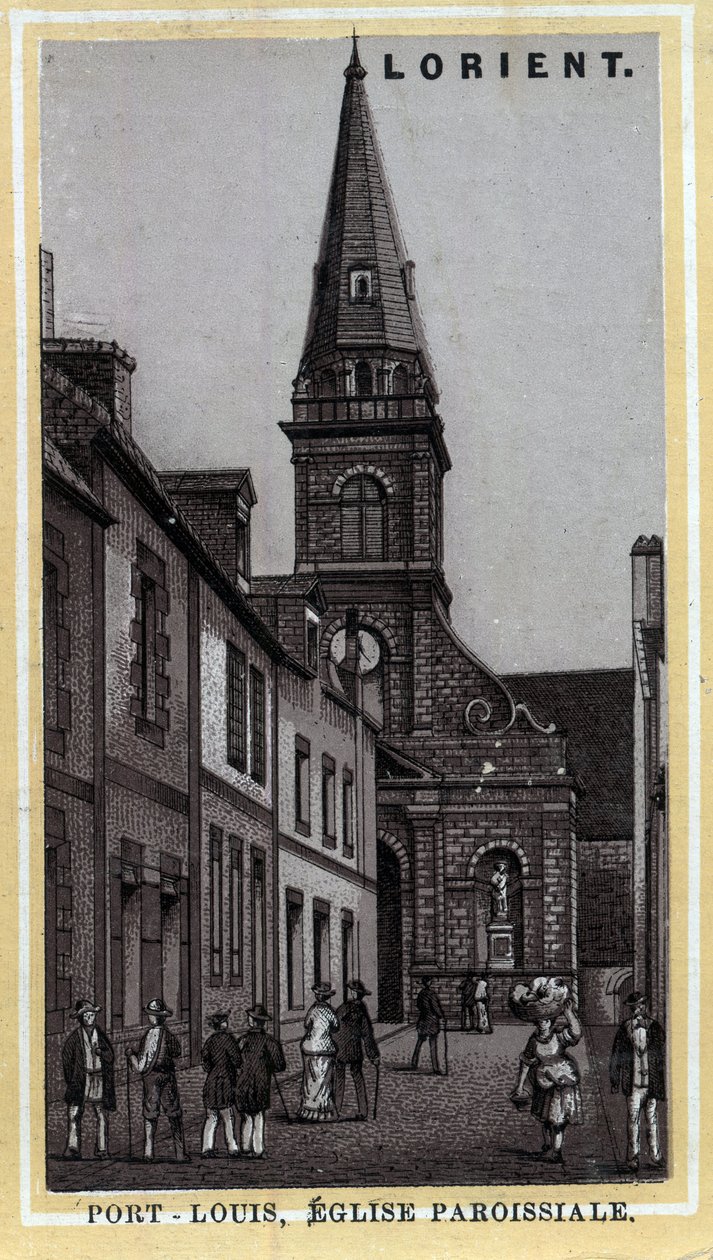 Port Louis (Port Louis) Pays de Lorient egyházi plébánia, Morbihan, Bretagne. A 19. század végének kromolitográfiája. alkotó: Unknown artist