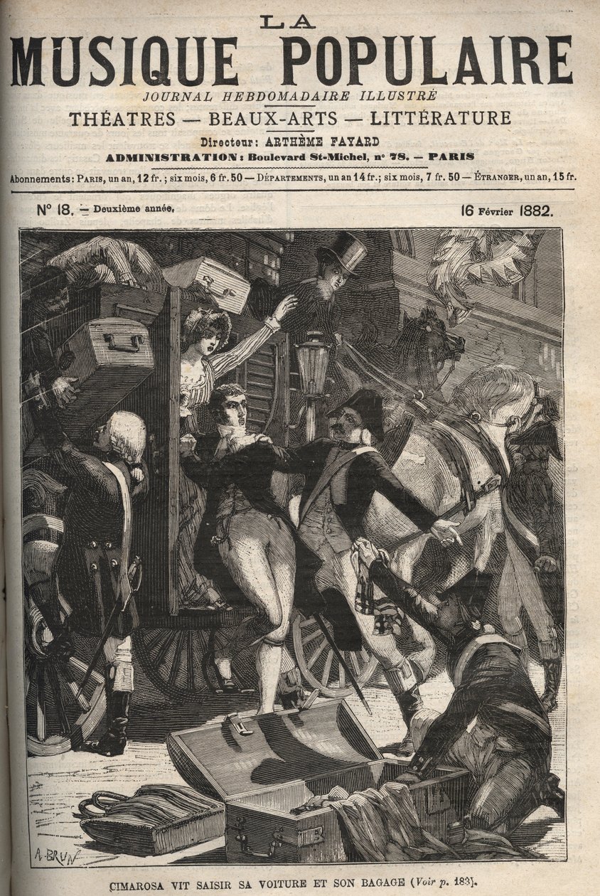 Cimarosa látja, hogy autóját és csomagjait lefoglalták Domenico Cimarosa (1749-1801), a 18. századi olasz zeneszerző. metszet a „"Popular Music"" jeles hetilapban - 1882 alkotó: Unknown artist