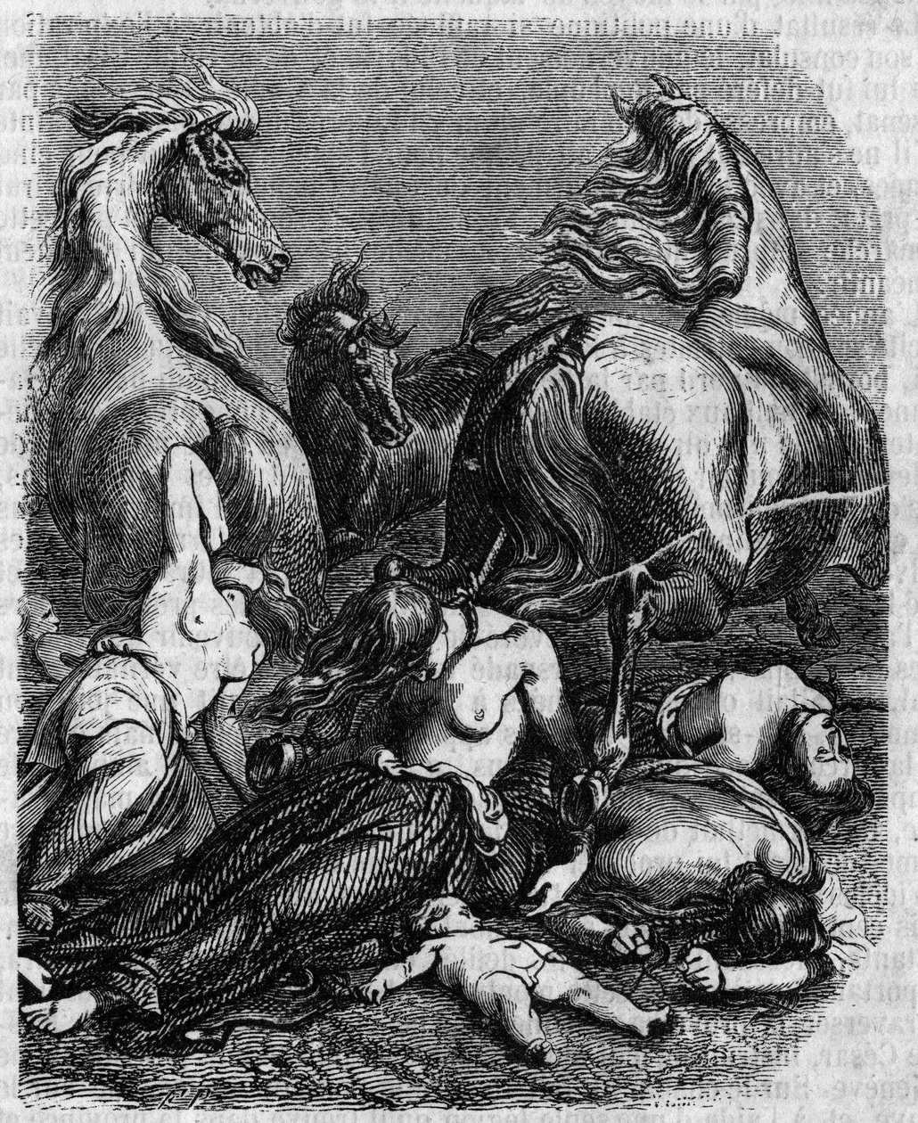 Cimbres háború Kr.e. 120 körül: az Ambrons törzs (Ambrones) asszonyai, vének és gyermekei ellenséges lovak alá vetik magukat, vagy meghalnak, hogy elkerüljék a rómaiak rabszolgaságát. alkotó: Unknown artist