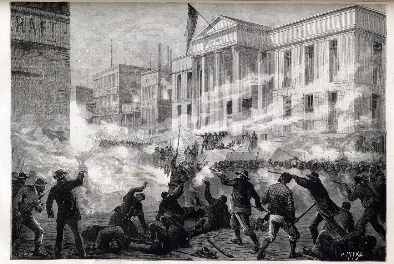 Az 1884-es cincinnati bírósági zavargások – egy lázadás azután kezdődött, hogy a gyilkosságról szóló esküdtszéki ítéletet hozott egy hírhedt gyilkossági per után, 1884. március 28. alkotó: Unknown artist