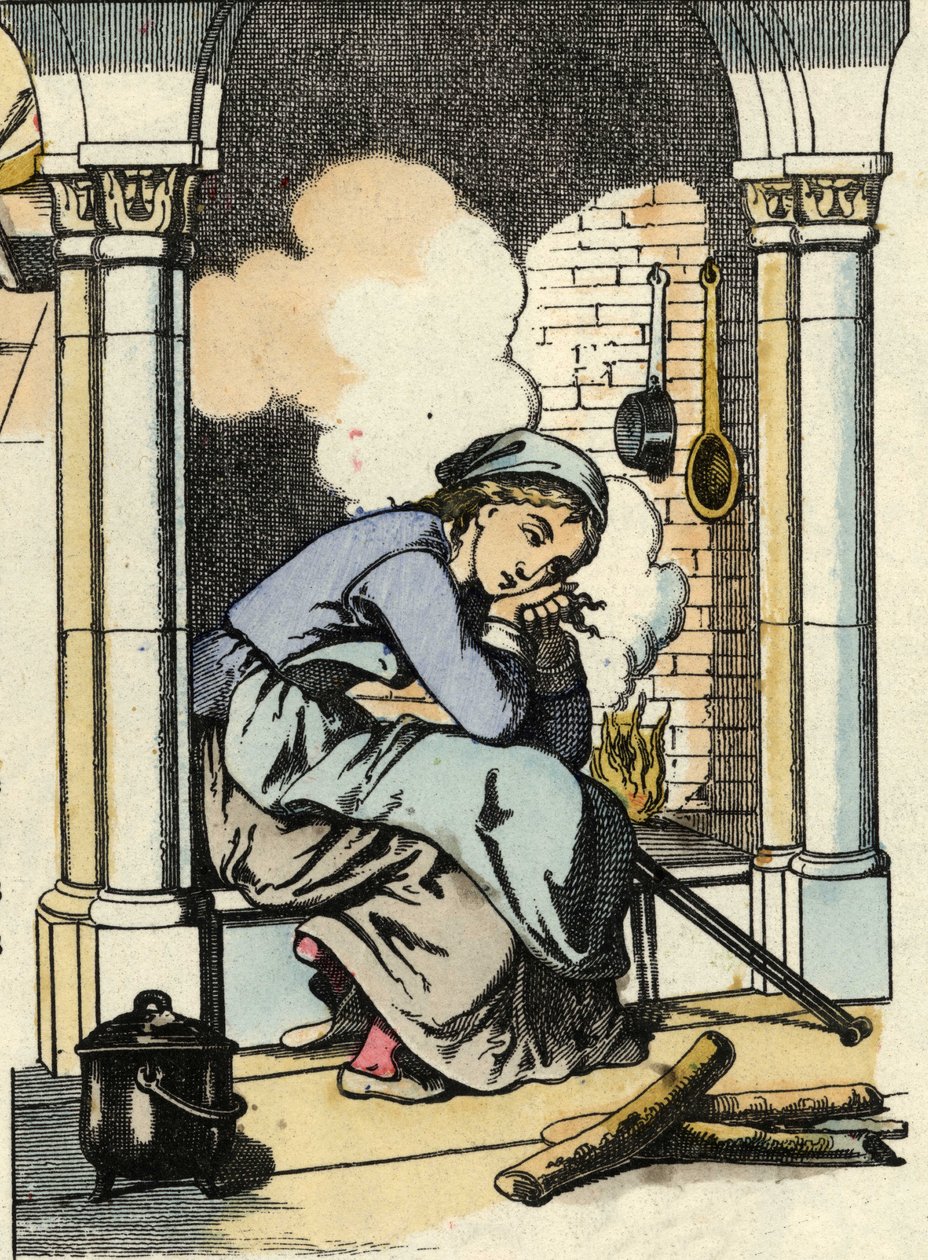 Hamupipőke egy jobb életről álmodik a konyhai kandalló közelében. Illusztráció Charles Perrault „Hamupipőke vagy La petite slipper de verre” című meséjéről alkotó: Unknown artist