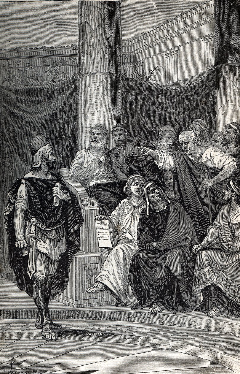 Cineas, Pyrrhus király fontos tanácsadója, aki megpróbált tárgyalni a rómaiakkal a hérakleai csata után, ie 280, metszet 1884 alkotó: Unknown artist