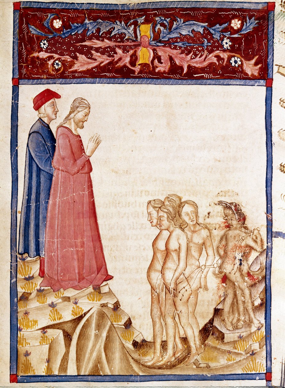 Árulók köre: Dante és Vergilius találkozik a jótevők árulóinak lelkével. A pokol 34. dalát illusztráló világító oldal Dante Alighieri (1265-1321) „Divina Commedia” című művéből merít. 14. század, Velence, Biblioteca Marciana alkotó: Unknown artist