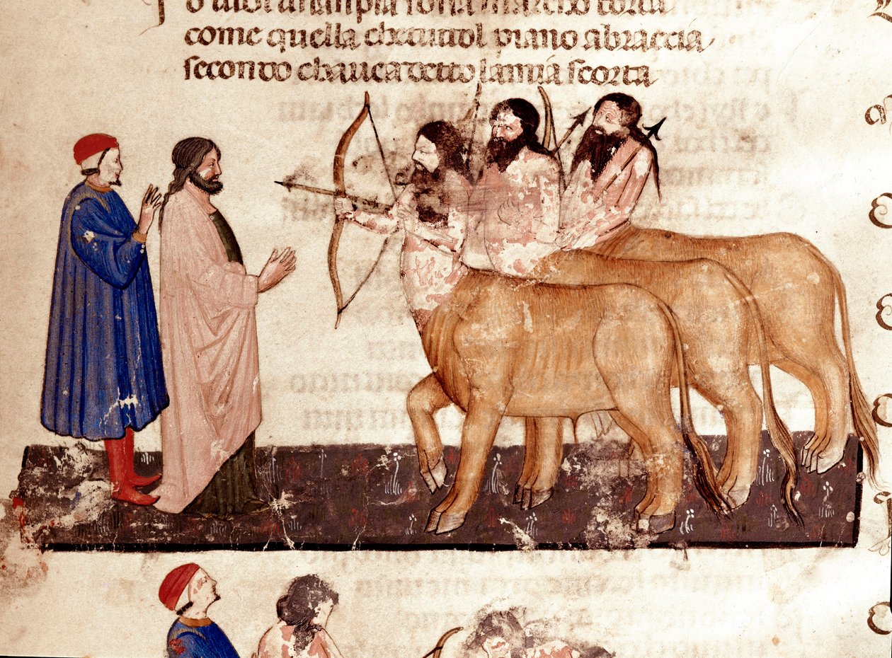Erőszakok köre: Dante és Vergilius találkozik a kentaurokkal, íjakkal és nyílvesszőkkel. Megvilágított oldal, amely a Pokol 7. dalát illusztrálja Dante Alighieri (1265-1321) „Divina Commedia” című művéből. 14. század, Velence, Biblioteca Marciana alkotó: Unknown artist
