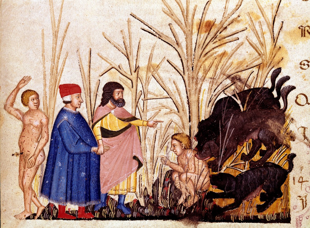 Erőszakosok köre: Dante és Vergilius találkozik a másokkal szemben erőszakoskodókkal. A pokol dalát illusztráló világító oldal Dante Alighieri (1265-1321) „Divina Commedia” című művéből merít. 14. század, Velence, Biblioteca Marciana alkotó: Unknown artist