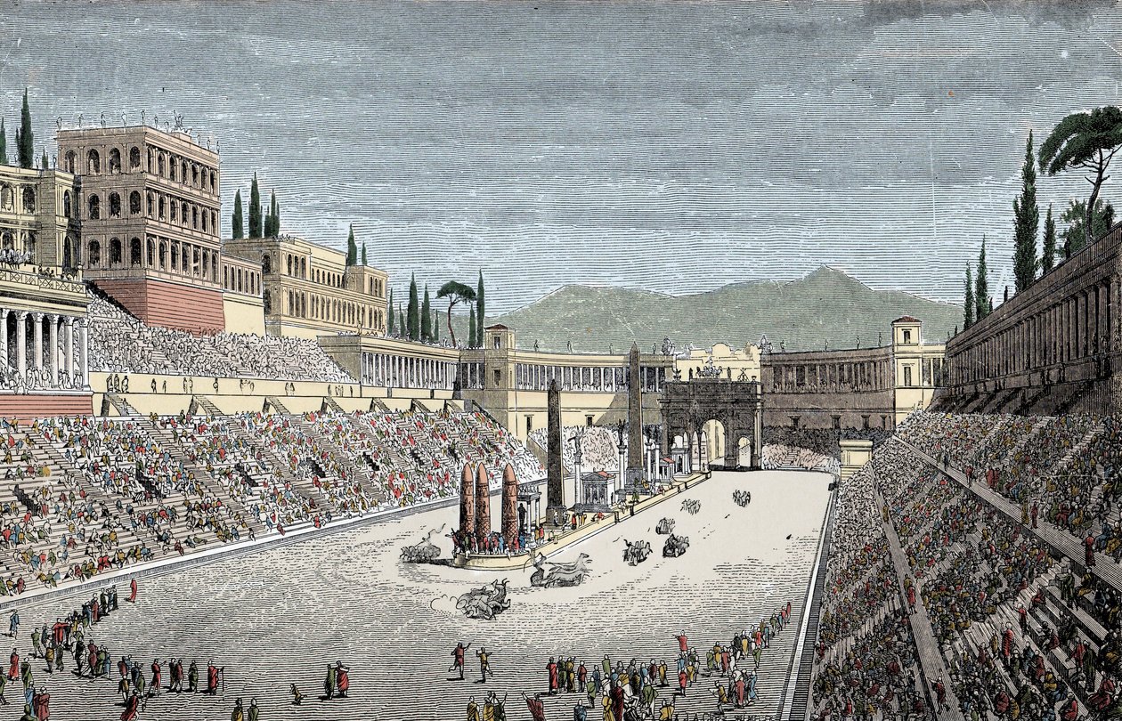 Circus Maximus - A nagy cirkusz vagy Maxime cirkusz, Rómában, szekérversennyel - Színes gravírozás alkotó: Unknown artist