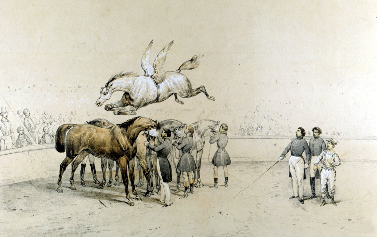 Cirkusz bemutatója egy szárnyas ló átugrik három bekötött szemű lovat. alkotó: Unknown artist