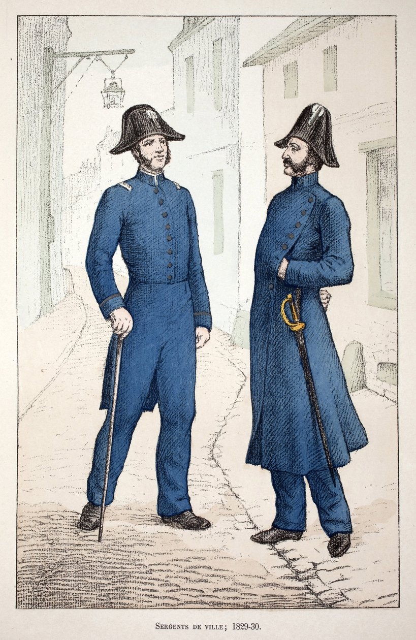 Városi őrmesterek (1829-1830). Színes rézkarc, illusztrációként „” A békefenntartók hadtestének története”” című könyv Louis Lepine (1846-1933) Szajna-menti rendészeti prefektus gondozásában jelent meg Alfred Rey (1864-?) és Louis Feron (1862) gondozásában alkotó: Unknown artist