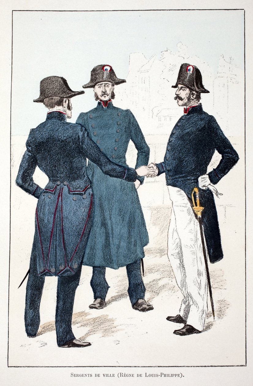Városi őrmesterek, I. Lajos Fülöp (Louis Philippe) orléans-i uralkodása (1773-1850). Színes rézkarc, illusztrációként „” A békefenntartók hadtestének története”” című könyv Louis Lepine (1846-1933) rendőrprefektusa gondozásában jelent meg. alkotó: Unknown artist
