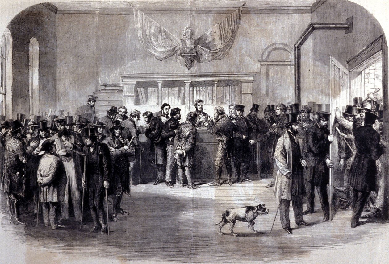 Polgárháború (1861-1865), amerikai polgárháború. Sorozatellenes bordák a mentesítő hivatalok előtt. New York. alkotó: Unknown artist