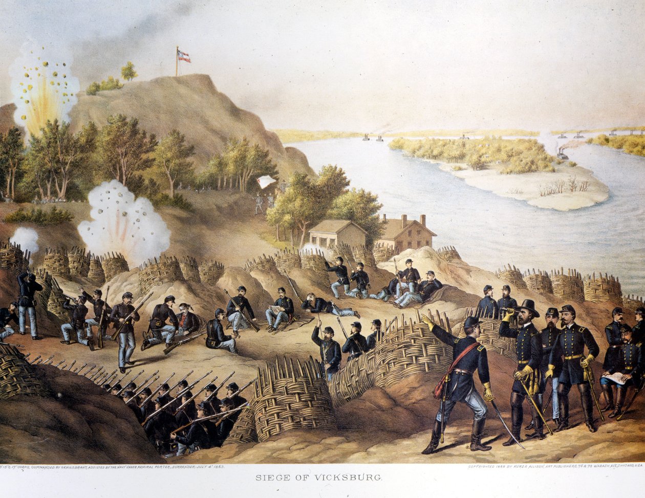 Polgárháború (1861-1865), amerikai polgárháború. Vicksburg ostroma (Arkansas és Mississippi határán), a várost Grant tábornok (és az északiak) foglalta el, a város negyvennapi ostrom után (május 19. és július 4.) elesett. alkotó: Unknown artist