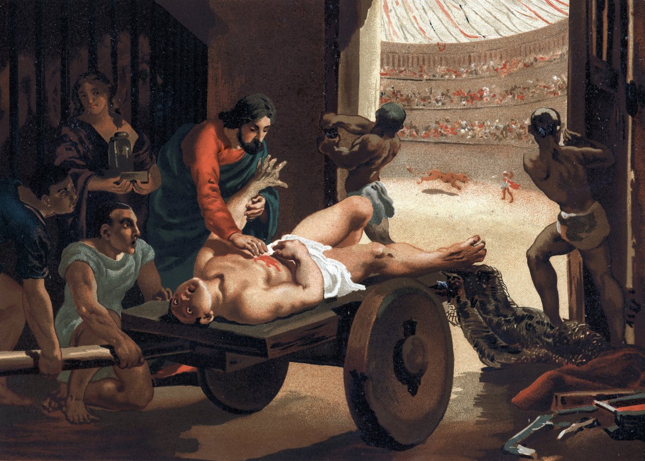Claude Galien (Klaudios Galenos vagy Claudio Galeno vagy Claudius Galenus vagy Galen, v. 131 - v. 201), gladiátort kezelő görög orvos. Barcelona 1881 alkotó: Unknown artist