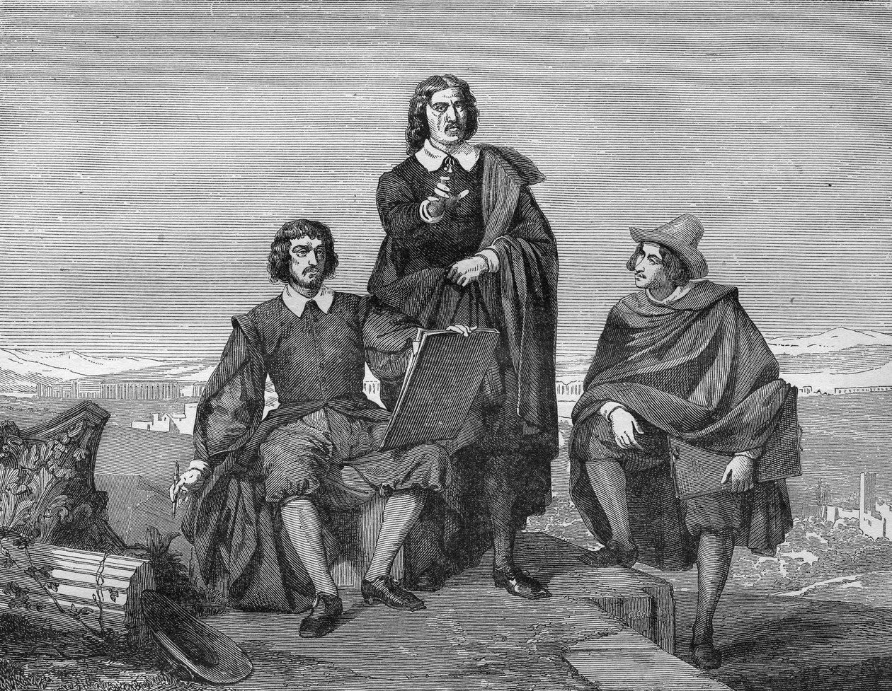 Claude Lorrain, Nicolas Poussin és Gaspard Dughet (a Guaspre Poussin) a római régióban. századi metszet. alkotó: Unknown artist
