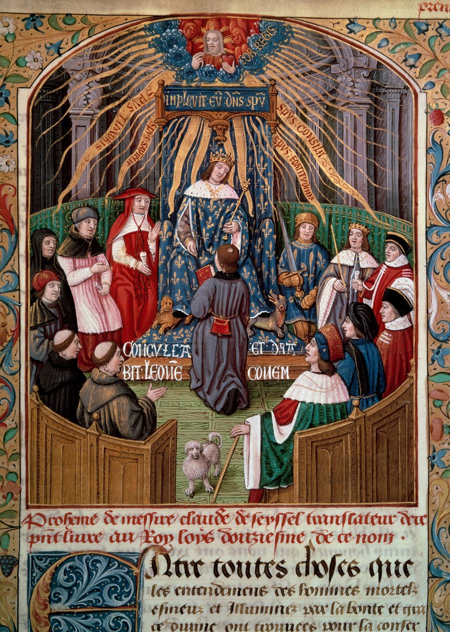 Claude de Seyssel (meghalt 1520-ban) felajánlja könyvét XII. Lajos királynak (1462-1515) Miniatűr Claude de Seyssel „La Grande Monarchy de France” című művéből. alkotó: Unknown artist