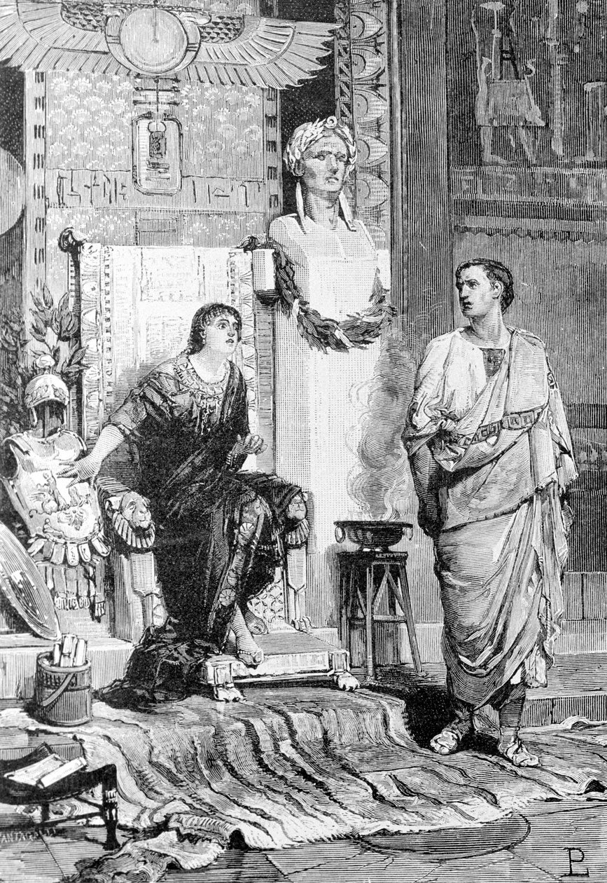 Kleopátra (Kr. e. 69 - i. e. 30), Egyiptom és Oktáv királynője, Actium veresége és Marc Antonius halála után beszélgetett vele. századi metszet. Storia d
