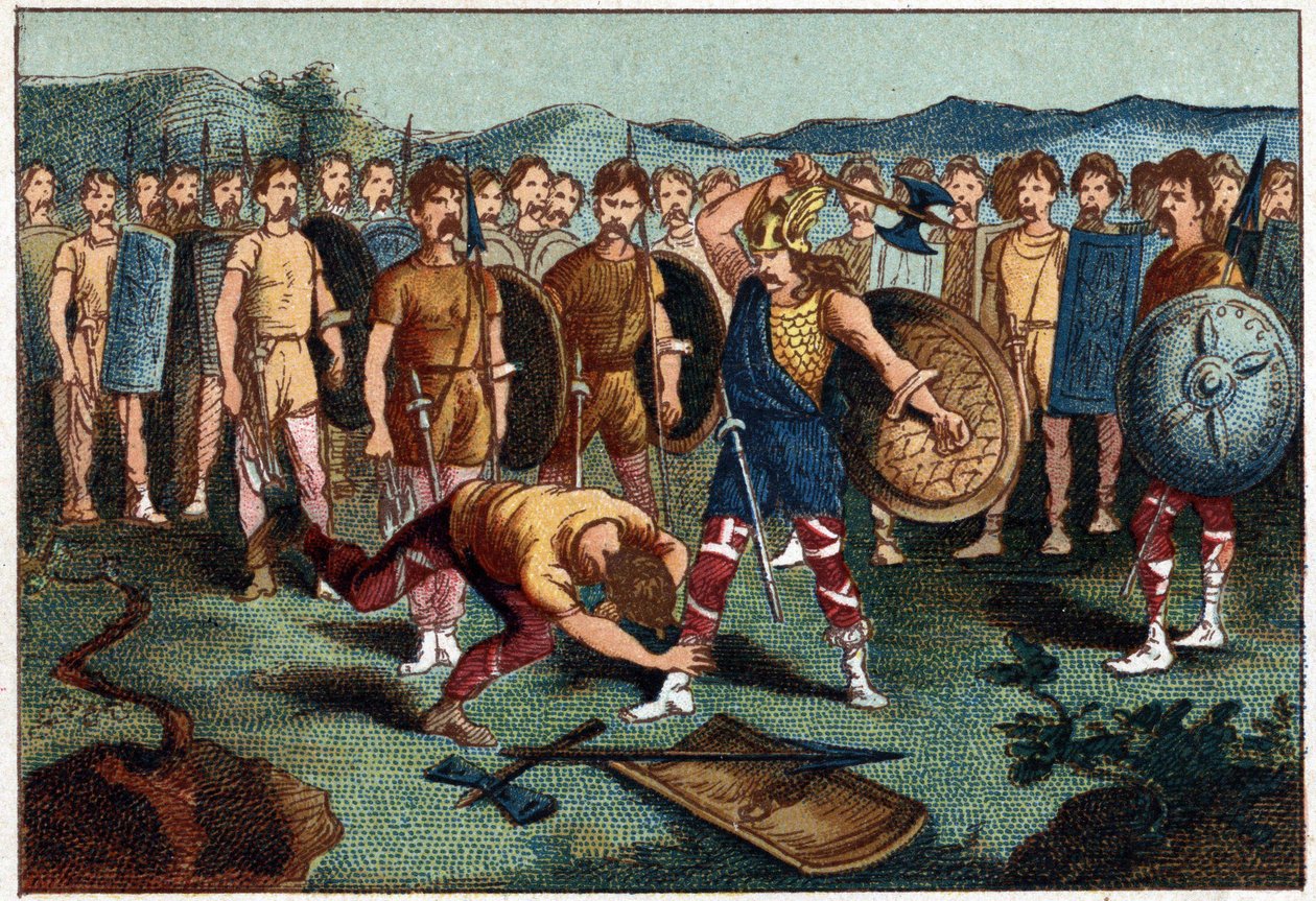 Clovis (465-511) és a frank harcos, aki 486-ban összetörte Soissons vázát - Clovis 1. lelőtte a katonát, aki összetörte Soissons vázát, 486-ban. A XIX. század kromolitográfiája. alkotó: Unknown artist