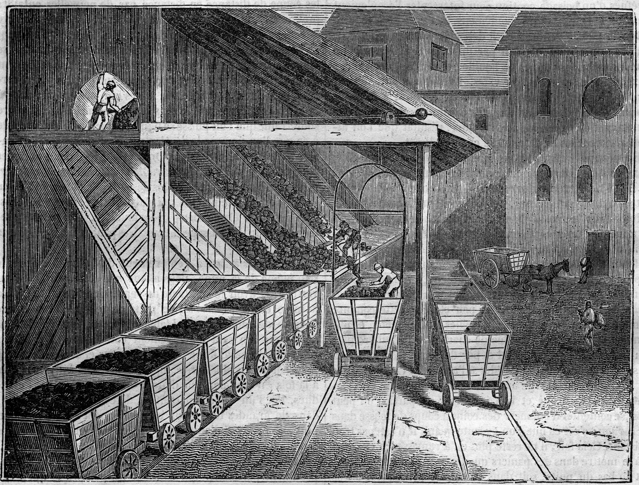 Szénbánya: a bányából kitermelt szenet szekerekre rakják az öntödék, vonatok és hajók felé. „A festői boltban” 1835 alkotó: Unknown artist