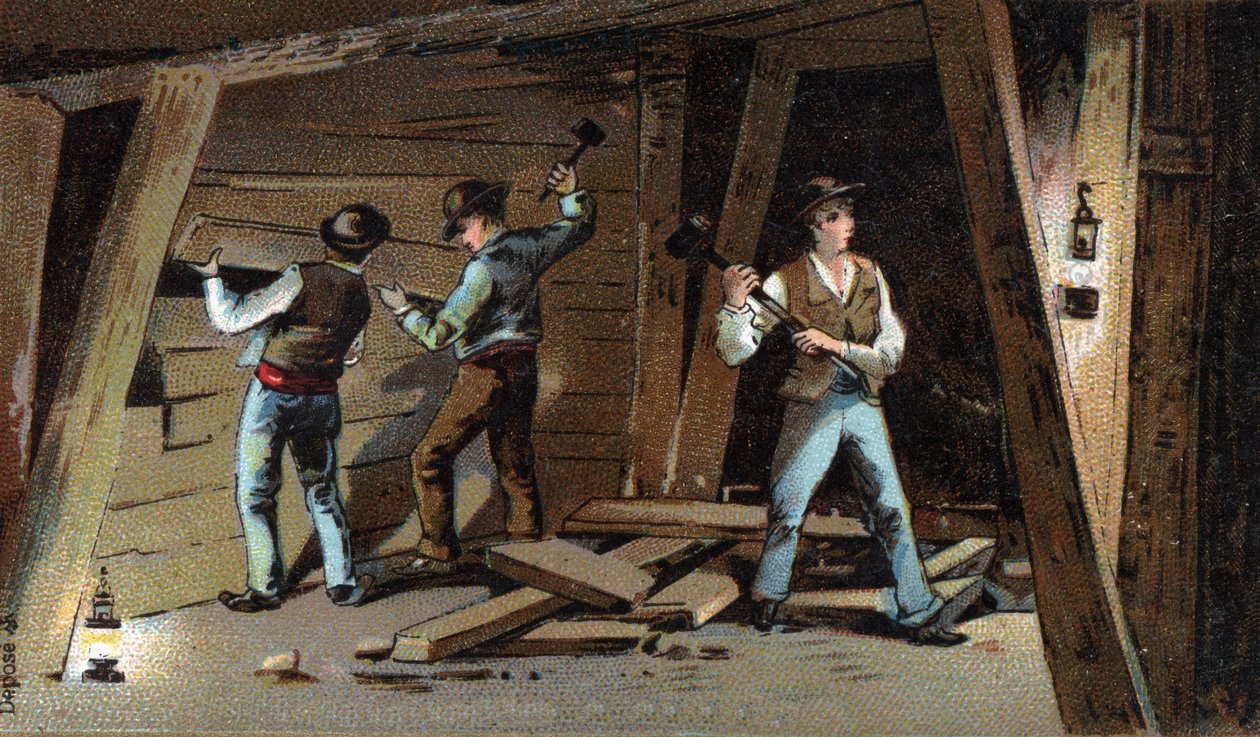 Szénbánya Franciaországban a 19. század végén: Fagaléria. A 19. század végének kromolitográfiája alkotó: Unknown artist