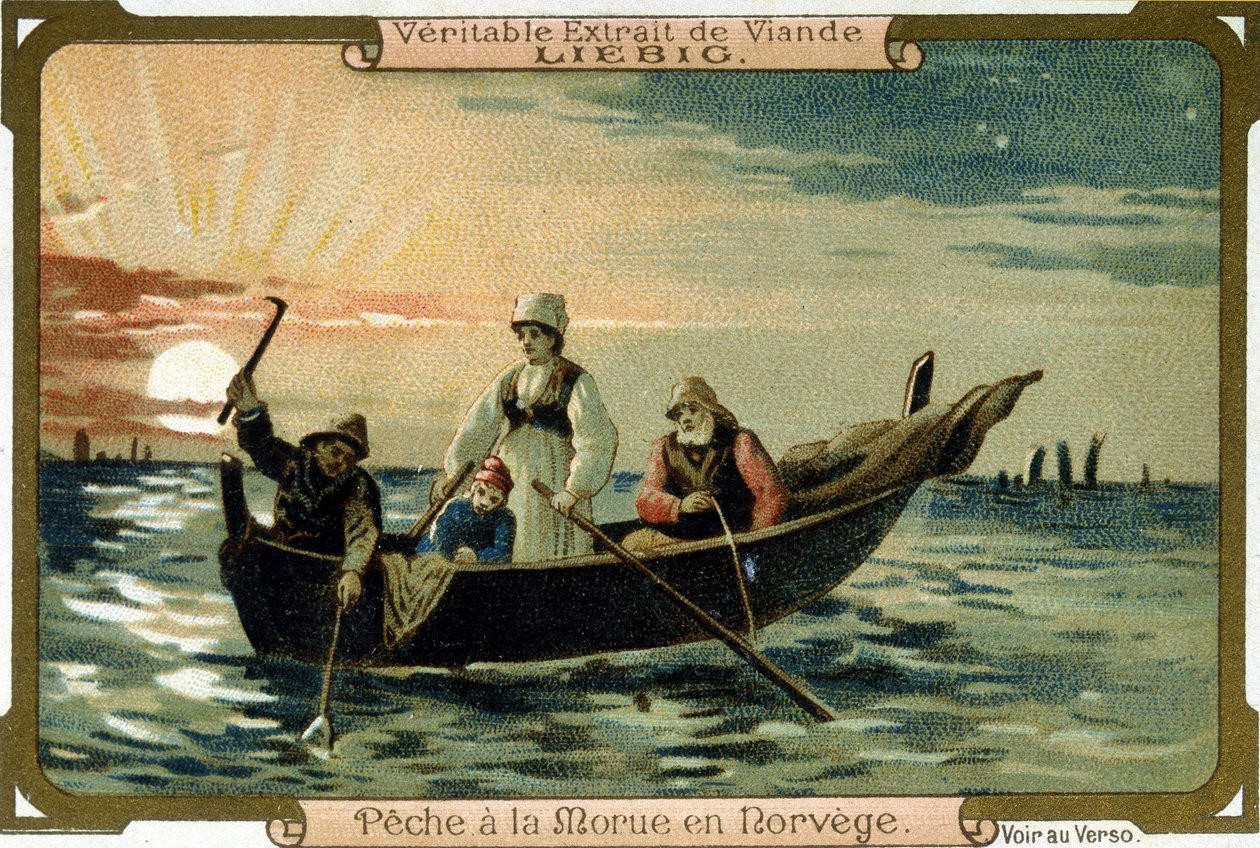 Tőkehal halászata Norvégiában. Liebig termékek csomagolása. alkotó: Unknown artist