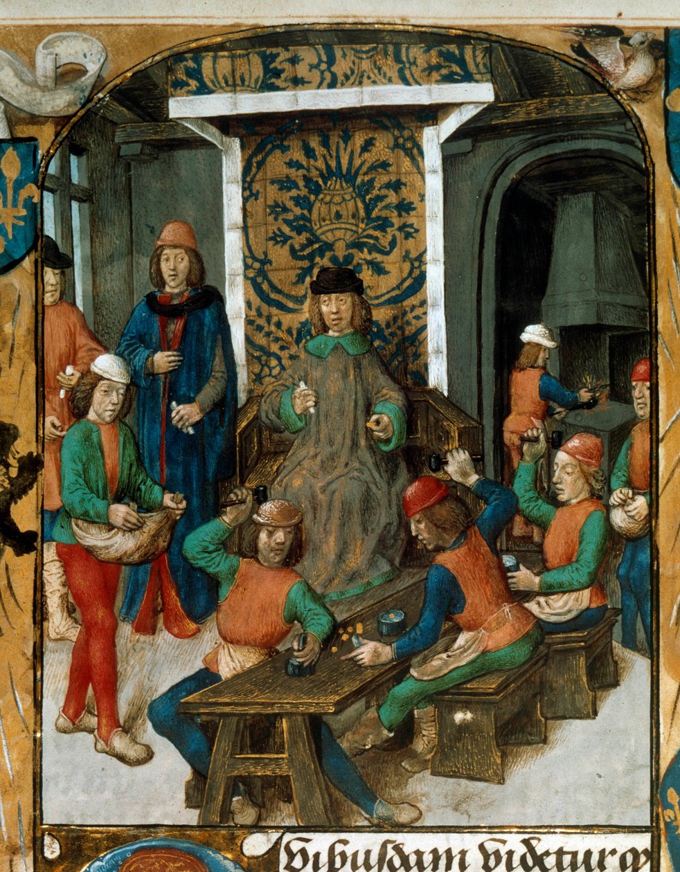 Érmeverés a középkorban. Miniatűr Nicolas Oresme (1320-1382) valutáról szóló tervezetéből (valószínűleg De Moneta). 14. század B.N. Párizs alkotó: Unknown artist
