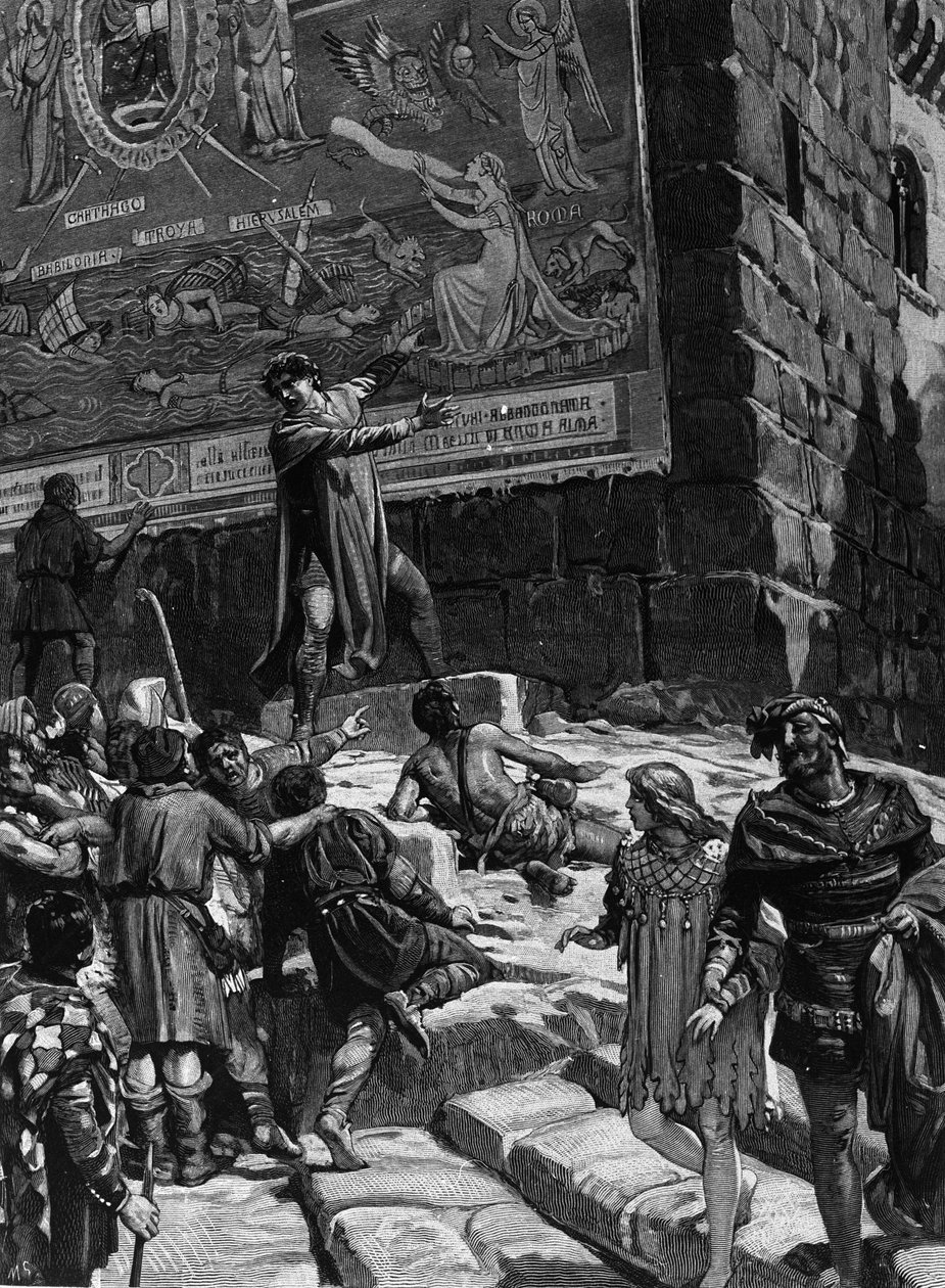 Cola di Rienzo (1314-1354), a római nép tribunusává válás kampányában elmagyarázza Róma népének azokat a freskókat, amelyeket a Kapitóliumban szerelt fel, amelyek Róma agóniáját szimbolizálják a Trója által körülvett dechaine-tengerben, Jeruzsálemben. Kart alkotó: Unknown artist