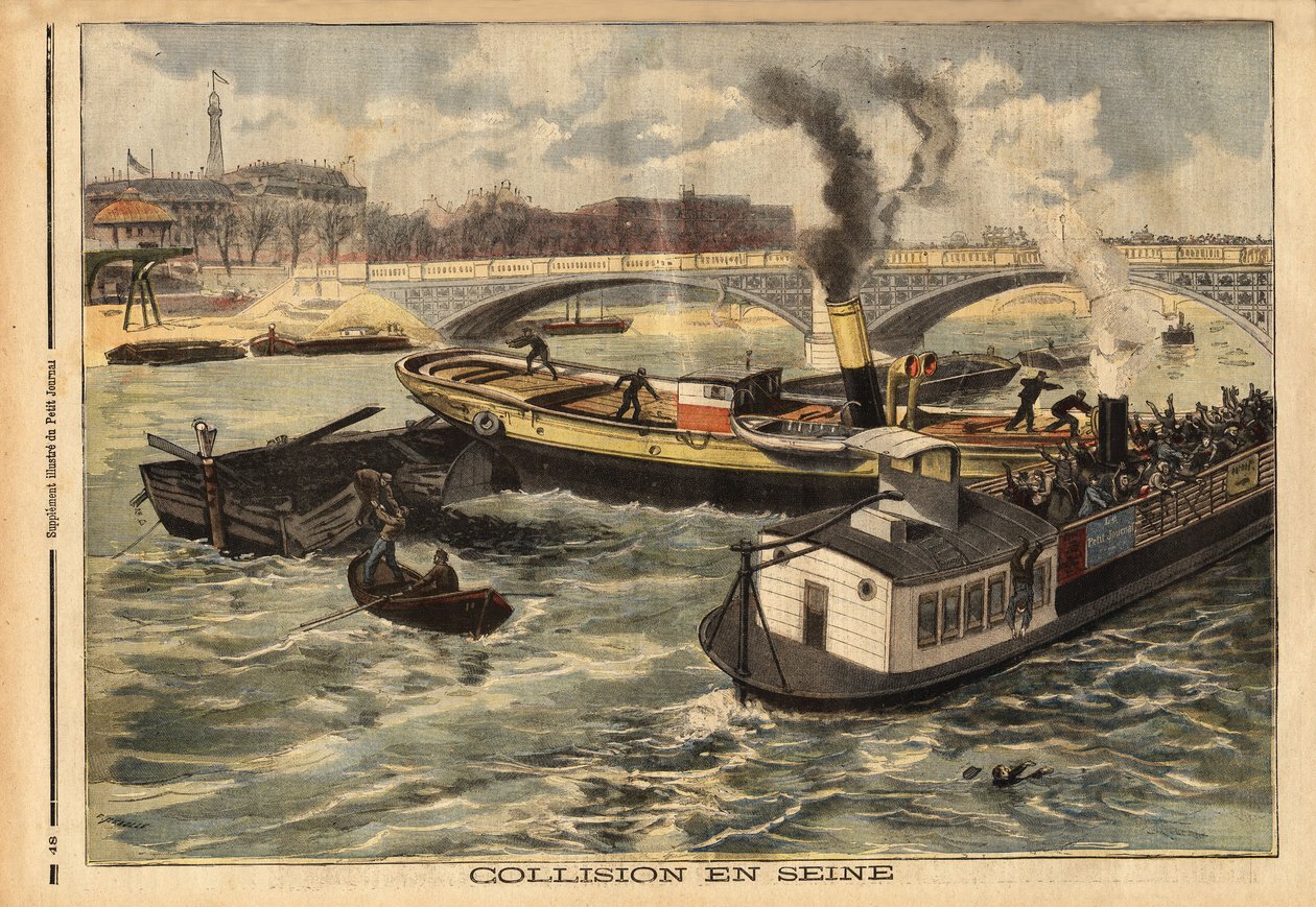Ütközés a Szajnán egy angol gőzhajó és egy párizsi omnibus peniche között, a királyi híd magasságában. Metszet a „” Le petit Journal”-ban 1897.02.07. Selva kollekció. alkotó: Unknown artist