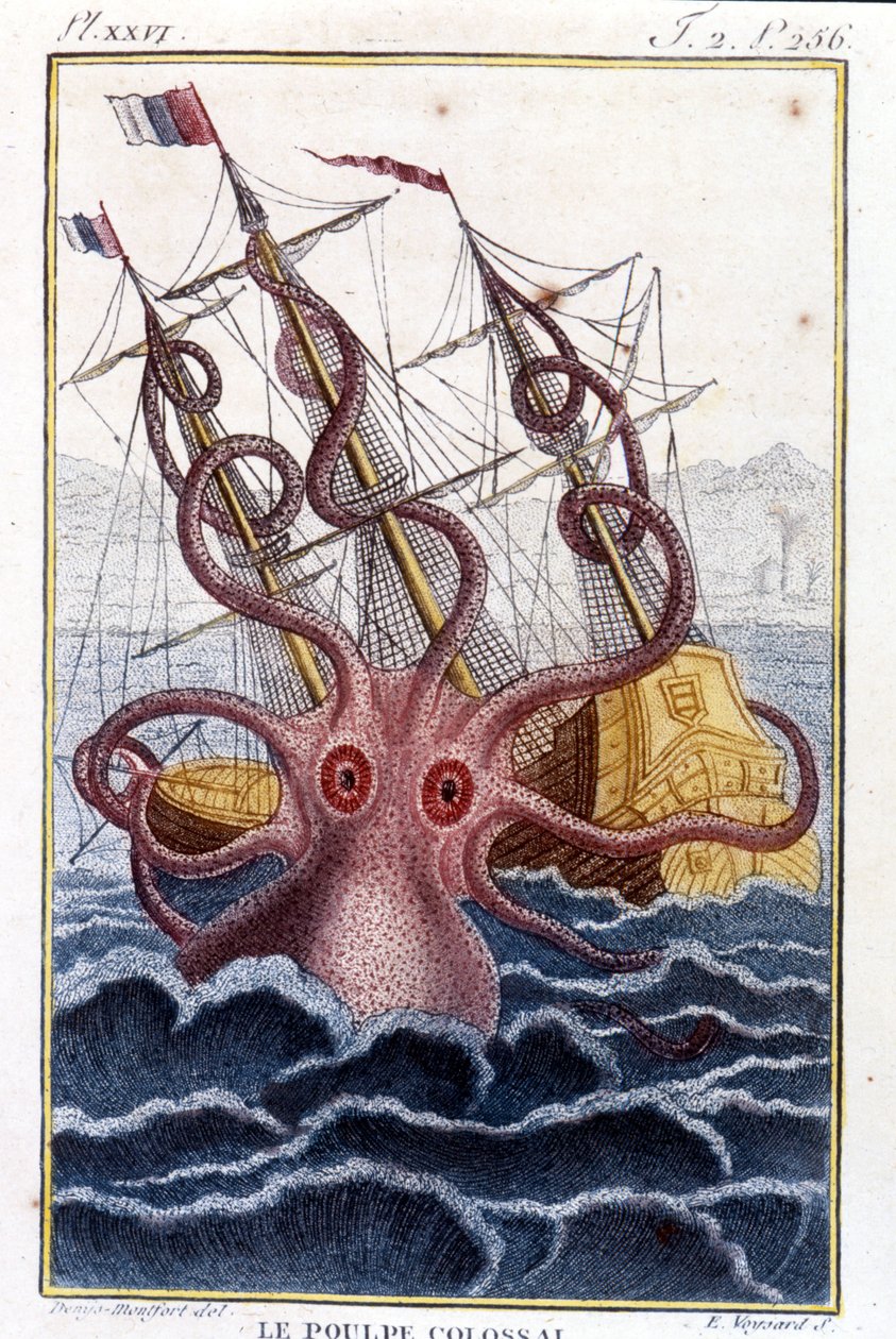 Kolosszális polip (polip, óriás tintahal, kraken) megtámad egy hajót (hajót, hajót) - Pierre Denys-Montfort (Denys de Montfort 1766-1820) „” Histoire naturelle des mollusques” című könyvének metszetei, eredeti kiadás, 1802) - alkotó: Unknown artist