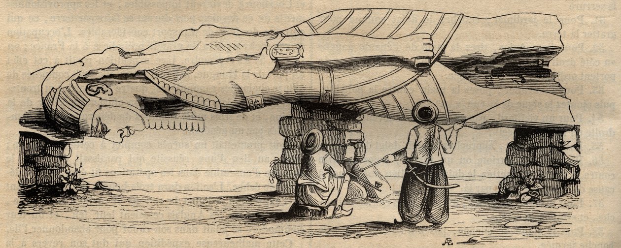 II. Ramszesz kolosszusát 1820-ban találta meg a mintegy harminc méterre lévő Ptah-templom déli kapuja közelében Giovanni Battista Caviglia olasz utazó - 1838-as metszet - II. Ramszesz szobra, amelyet 1820-ban fedezett fel Giovanni Battista alkotó: Unknown artist
