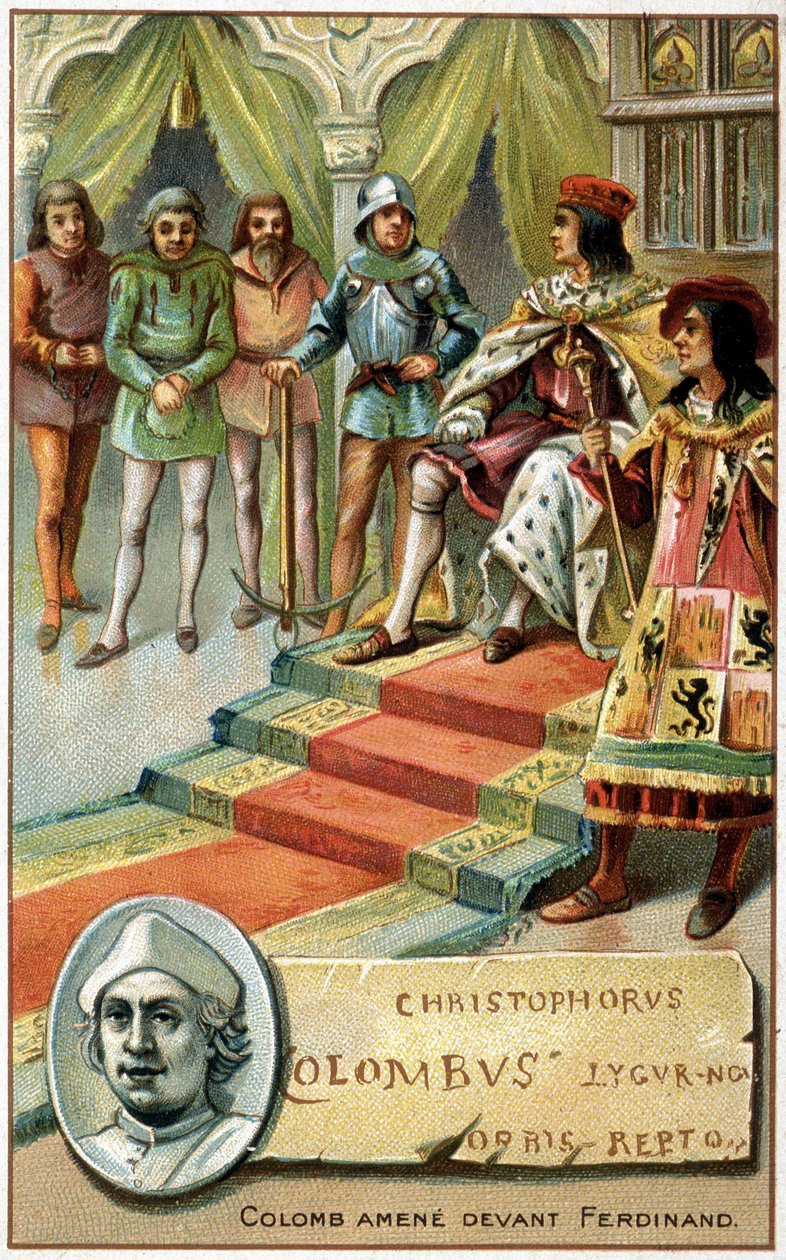 Kolumbusz (kötve a keze) Ferdinánd elé vitte - 19. századi kromolitográfiája alkotó: Unknown artist