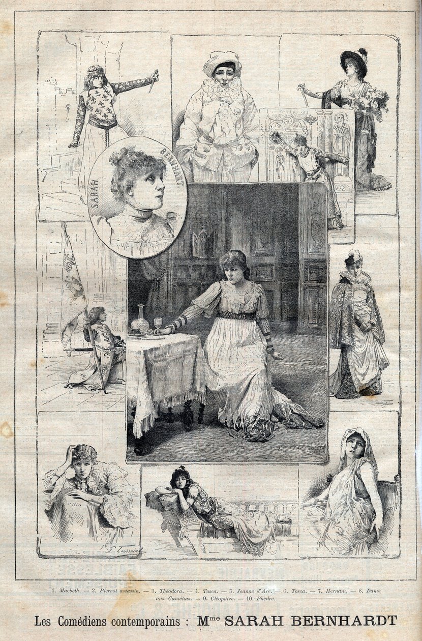 Sarah Bernhardt komikus (1844-1923) a Macbethben – Pierrot bérgyilkos – Theodora – Tosca – Joan of Arc – Tosca – Hernam – Kaméliák hölgye – Kleopátra – Phedron – metszet az 1895-ös „Az illusztris haladás” c. alkotó: Unknown artist