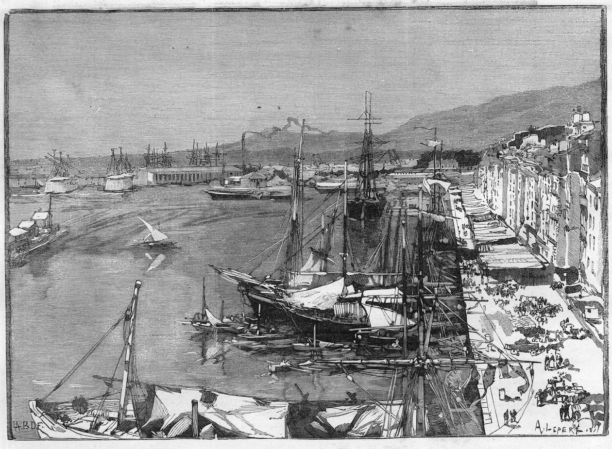 Kereskedelmi hajó és arzenál Toulon (Var) kikötőjében, Franciaországban. Metszet a „” Le Monde Illustré”-ben alkotó: Unknown artist