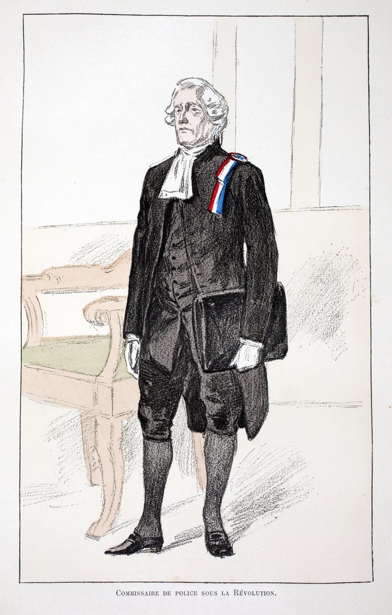 Rendőrbiztos a forradalom idején (1789-1799). Színes rézkarc, illusztrációként „” A békefenntartók hadtestének története”” című könyv Louis Lepine (1846-1933) Szajna menti rendõrség prefektusa gondozásában jelent meg, Alfred Rey (18) alkotása. alkotó: Unknown artist