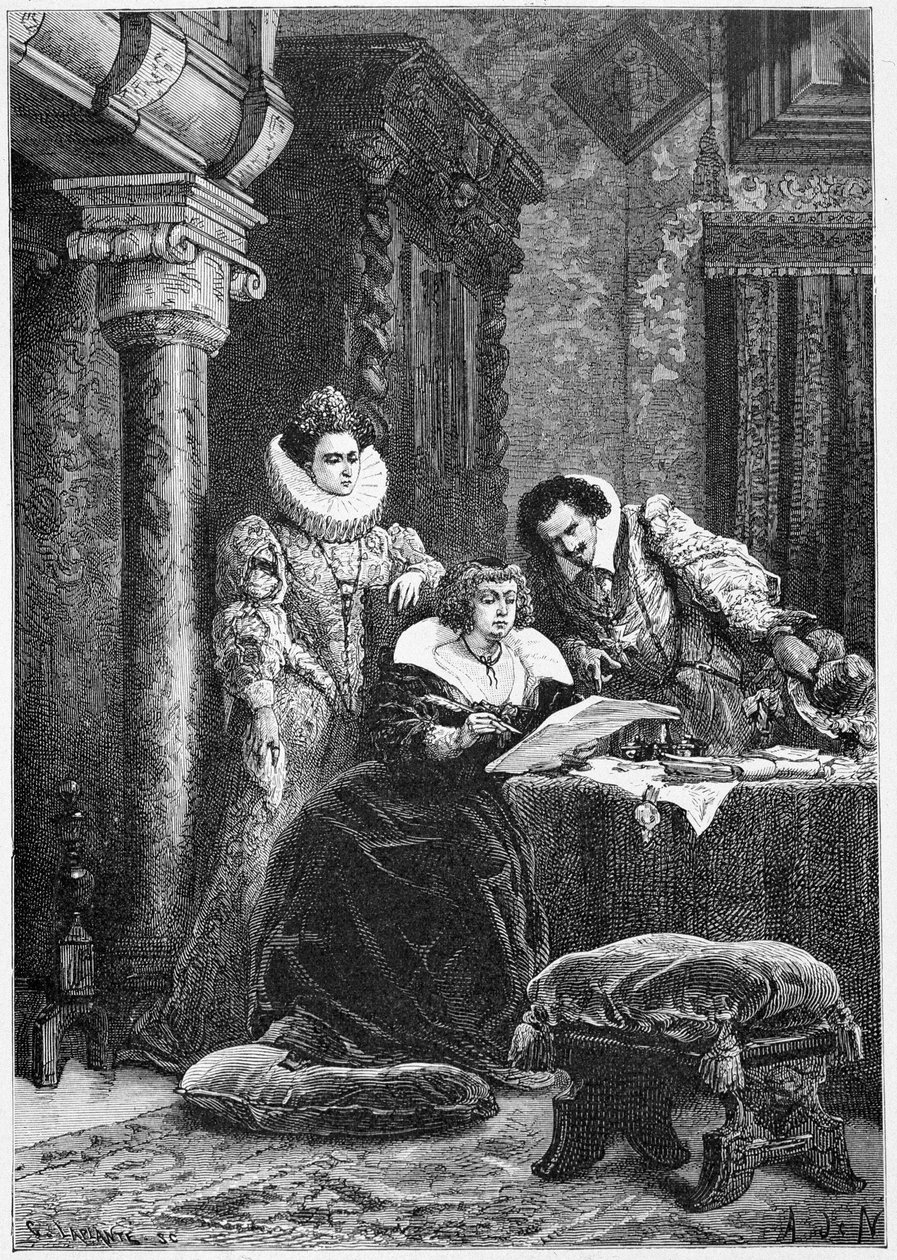 Concini, Leonore Galigai és Marie de Medici. M. Guizot metszet a „Histoire de France”-ba a legtávolabbi időktől egészen 1789-ig alkotó: Unknown artist