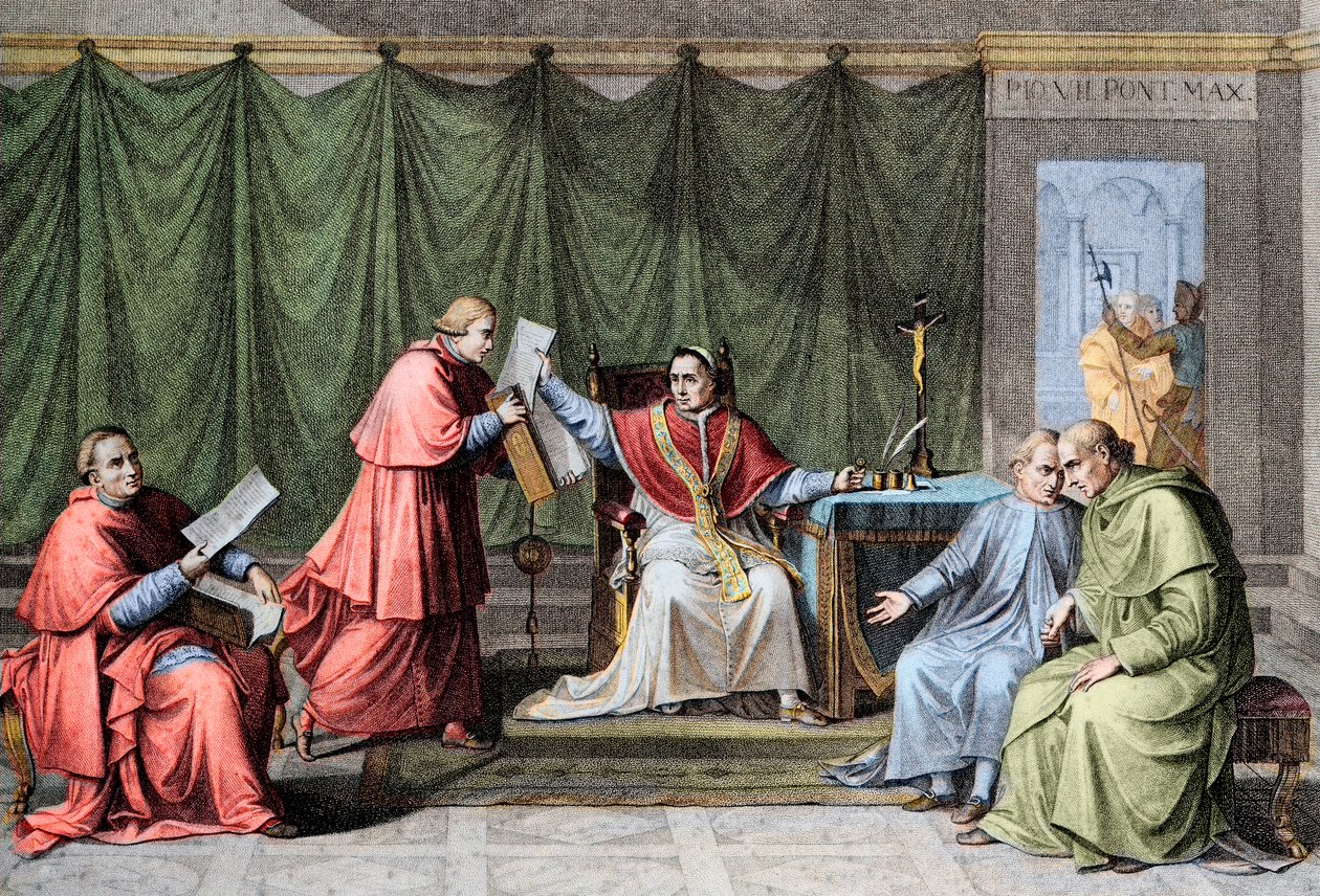 1801. évi konkordátum – VII. (Pius) (1742-1823) Pius pápa (1742-1823) konkordátum aláírása Franciaország és a Szent Ostrom (Saint Siege) között, augusztus 15. alkotó: Unknown artist