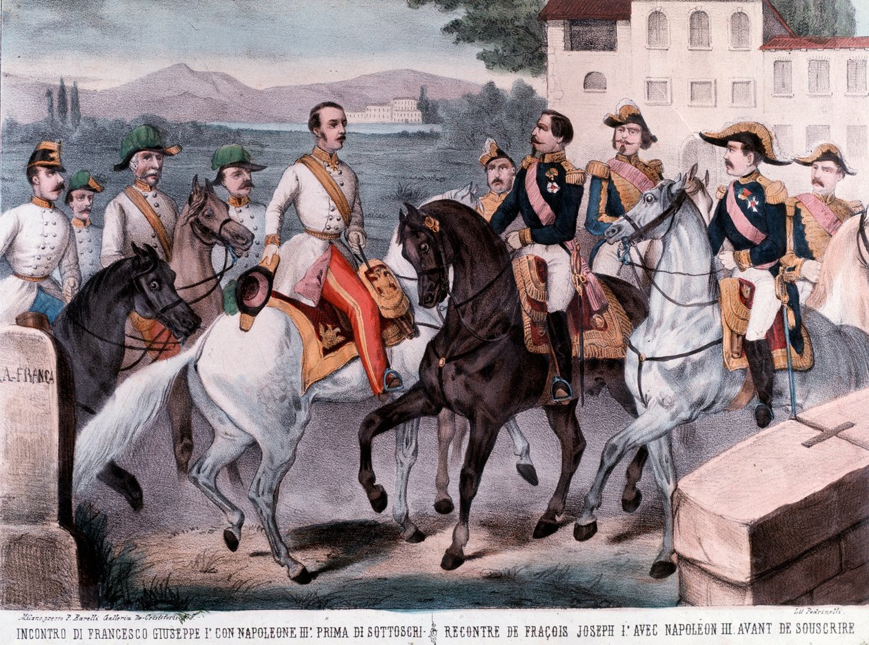 Villafrancai konferencia, III. Napóleon francia császár és I. Ferenc József császár találkozója az előzetes ausztriai békéről (1859) (metszet) alkotó: Unknown artist