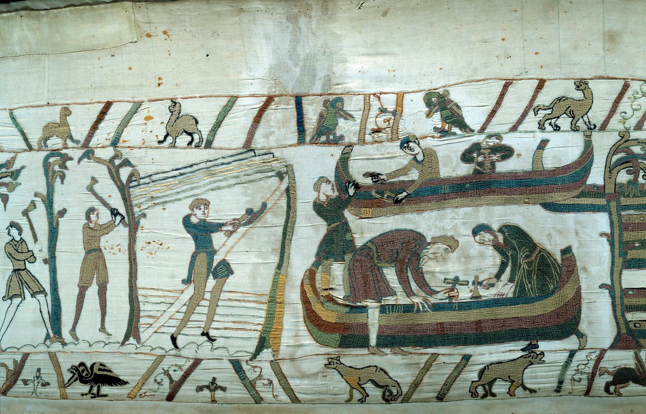 Anglia meghódítása Normandia hercege, Hódító Vilmos (1027-1087): a normann flotta építése Bayeux gobelinjének részlete vagy Mathilde királynő hímzése alkotó: Unknown artist