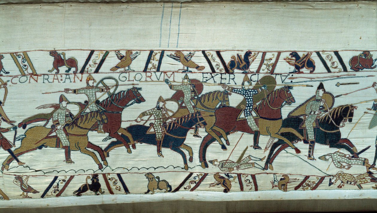 Anglia meghódítása Normandia hercege, Hódító Vilmos (1027-1087) által 1066-ban: a normann lovasság a hastingsi csatában a Bayeux-i kárpit részlete vagy Mathilde királynő hímzése. alkotó: Unknown artist