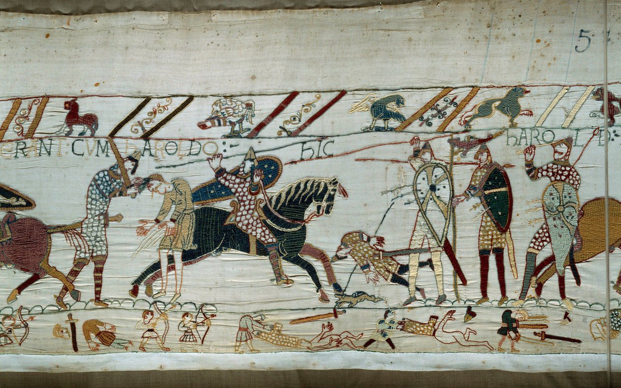 Anglia meghódítása Normandia hercege, Hódító Vilmos (1027-1087) által 1066-ban: a normannok lemészárolják a szász hadseregeket, Harold királyt megöli egy nyílvessző a szemében. Részlet Bayeux kárpitjáról vagy Mathilde királynő hímzéséről alkotó: Unknown artist