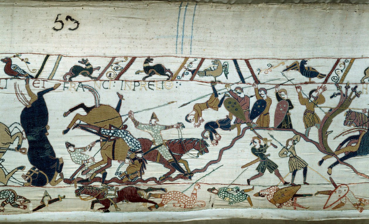Anglia meghódítása Normandia hercege, Hódító Vilmos (1027-1087) által 1066-ban: A hastingsi csata Bayeux-i kárpit vagy Mathilde királynő hímzéseinek részlete alkotó: Unknown artist