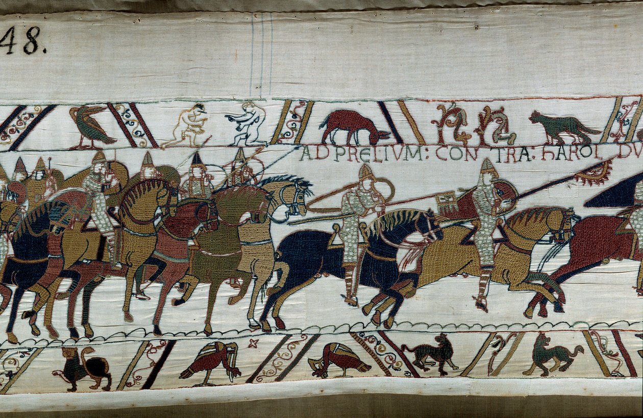 Anglia meghódítása Hódító Vilmos normann herceg (1027-1087) által 1066-ban: hadserege II. Harold hada felé nyomul a Hastings A bal alsó sarokban két meztelen férfi Részlet a Bayeux-i kárpitról vagy Mathilde királynő hímzéséről alkotó: Unknown artist