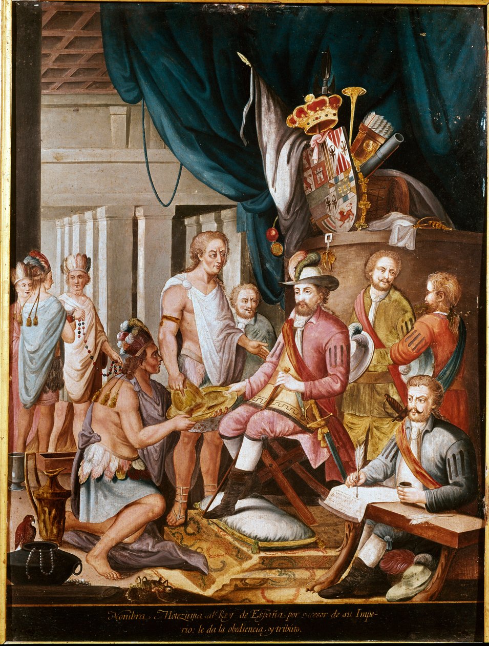 Mexikó hódítása: Montezuma (vagy II. Moctezuma), azték császár (1466-1520) ajándékokat ajánl Hernan Cortez (vagy Cortes) (1485-1547) konkvisztádornak, és hűséget esküszik a Spanyol Királyságnak. Névtelen festmény. Madrid. Amerika Múzeuma. alkotó: Unknown artist