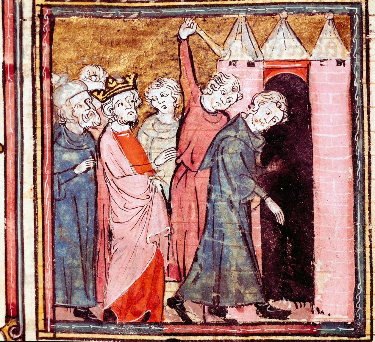Összeesküvés Jámbor Lajos (778-840) nyugati császár ellen, fia, Lothaire nyilvános bűnbánatot rótt ki rá a Saint Medard de Soissons kolostorban 833-ban Miniatűr a „Grandes Chronicles de France” 1375-1379 Városi Könyvtárból , Cas alkotó: Unknown artist
