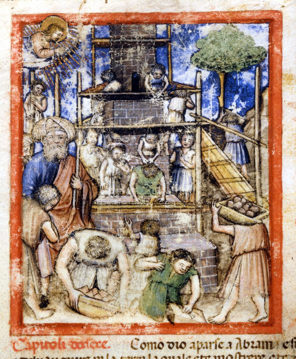 Bábel tornyának építése. Miniatűrök a 212-es kódexből (vagy Padovano kódexből vagy Páduai Bibliából) 1390-1400 Rovigo, Accademia dei Concordi alkotó: Unknown artist