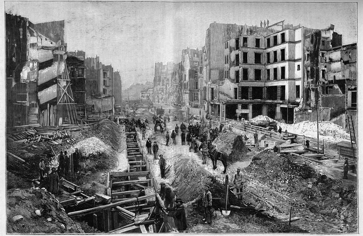 Építkezés a Reaumur utcában - Párizs átalakulása a második birodalom alatt, Haussmann Paris (Boulevard, Haussmann művek) - Le Percement de la Rue Reaumur Párizs 3. kerületében alkotó: Unknown artist