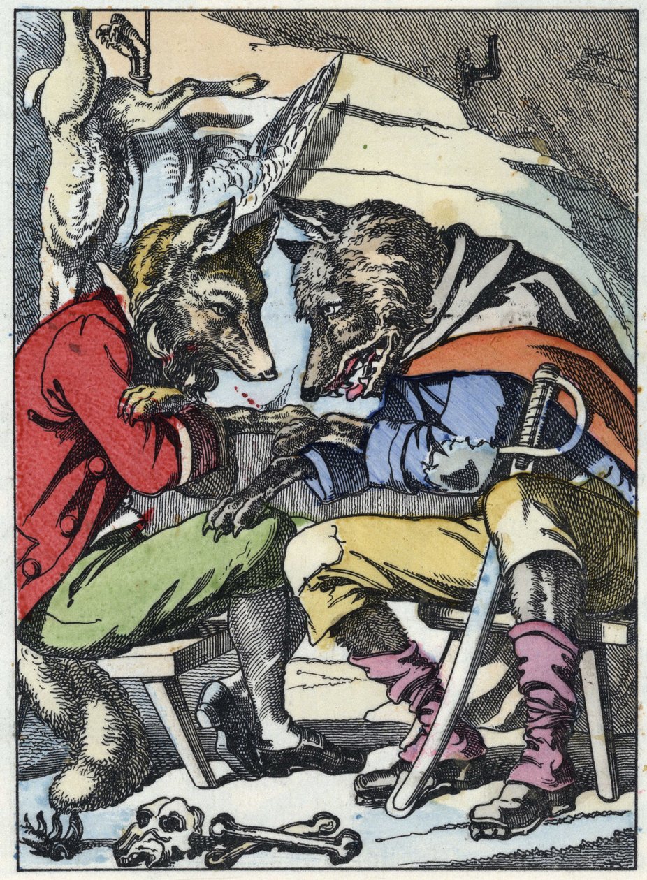 Beszélgetés a farkas és a róka között. A „Compere le Loup, Maitre Renard, Comere la Chevre et ses petits biquets” című mese illusztrációja Jean de la Fontaine meséje után. A „” Mesék otthonról a kicsiknek” c. Névtelen metszet a alkotó: Unknown artist