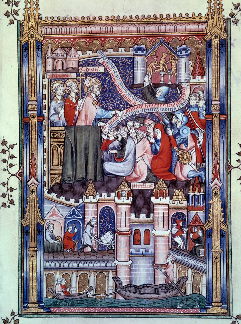 A párizsiak megtérése: Párizs egyik hídján, ahol ötvösműhelyek találhatók, a párizsiak arannyá törik a bálványokat. Miniatűr Yves, Saint-Denis szerzetes „” Saint Denis élete”” kéziratából alkotó: Unknown artist