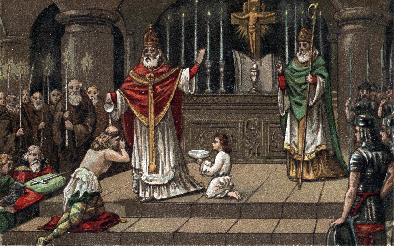 Widukind vagy Witikind megtérése Nagy Károly előtt 785-ben. A 19. század végének kromolitográfiája. alkotó: Unknown artist